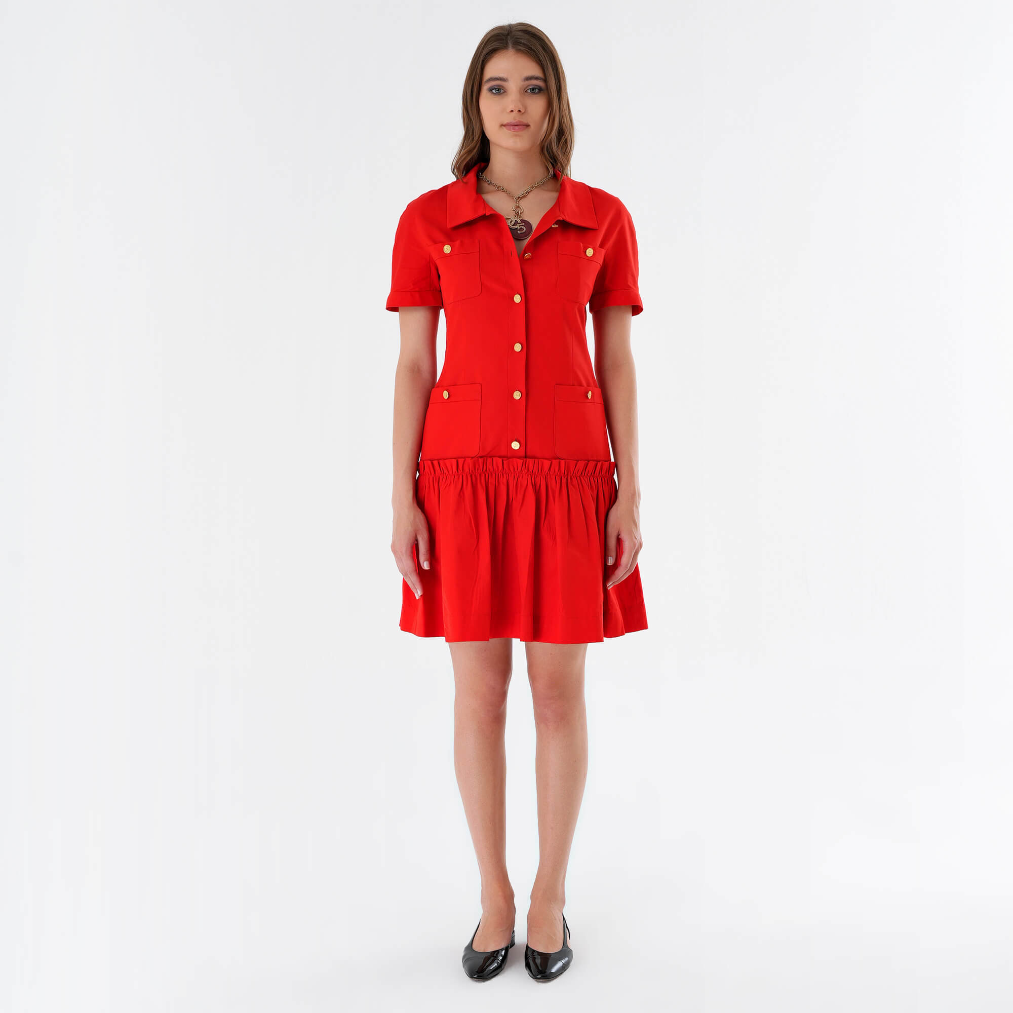 Chanel - Vintage Iconic Red Cotton Midi Dress w CC Buttons